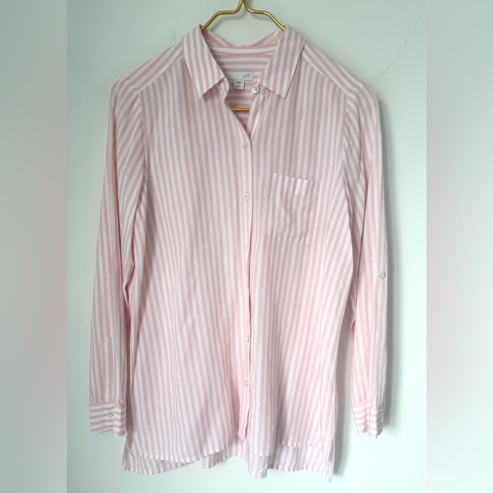 J. Jill Petite Pink White Stripe Lightweight Roll Tab Button Up Shirt Women’s PS